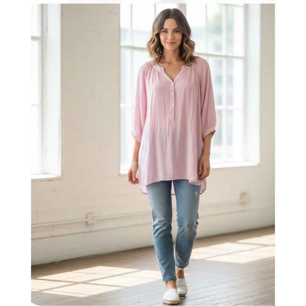 Simply Noelle Blouse Women’s Top S/M Light  Pink V-Neck 3/4 Sleeve Tunic Boho